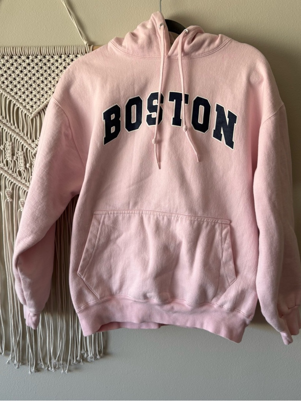 Vintage Baby Pink and Navy Boston Graphic Hoodie Sweatshirt